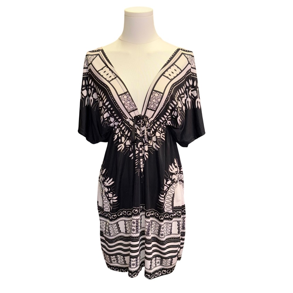 Paradise Black White Dashiki Print Mini Dress V-Neck Empire Waist Small